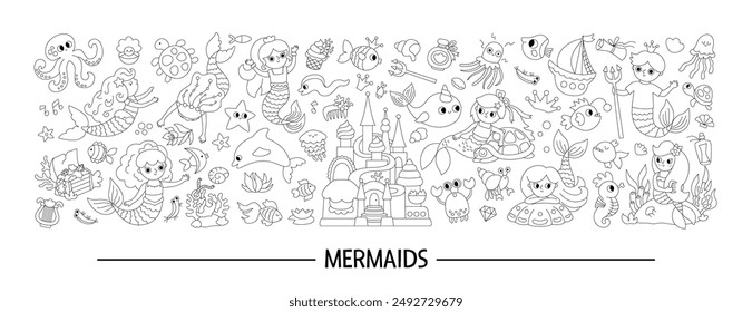 Vector black and white horizontal set with mermaids, castle, water animals. Underwater kingdom line card template design with ocean princess, prince. Marine sea border with sirens or coloring page
