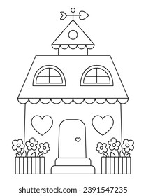Vector black and white house with heart shaped windows, flowers, weathervane. Line home clipart. Cute cottage outline illustration. Funny Saint Valentine day coloring page for kids
