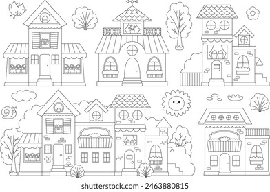 Vector black and white house set with garden, trees, bushes, bird, snail. Residential building line illustration collection. Cute cottage with flowers. Funny little town or city coloring page
