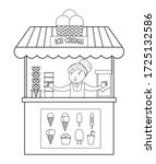 Vector black and white ice cream stall with seller. Line ice-cream stand illustration. Beach dessert shop contour. Cute summer coloring page for kids.