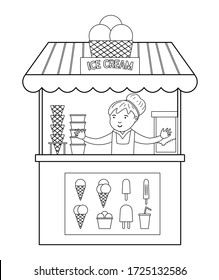 Vector black   white ice cream stall and seller  Line ice  cream stand illustration  Beach dessert shop contour  Cute summer coloring page for kids 