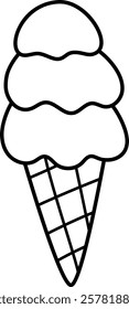 Vector black and white ice cream cone with three scoops icon. Cute summer dessert illustration. Sundae line clipart isolated on white background. Cold sweet food coloring page