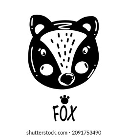 Vector black and white icon of animals face fox in Nordic style on white background for logo, t-shirt design, greeting card