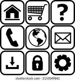 Vector black and white icon with house, trolley, question mark, telephone, earth, letter, download, lock and gear icon