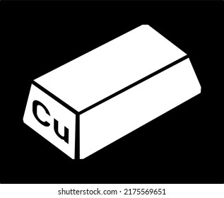 Vector black and white icon image of a copper mineral metal ingot bar with "Cu" symbol.