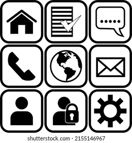 
Icono vector blanco y negro con imágenes de casa, lista, chat, teléfono, tierra, correo electrónico, usuario, inicio de sesión, salida de sesión y configuración