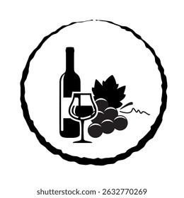 vector black and white icon of red wine bottle, glass and grapes