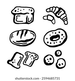 
Vector black and white icons of bread products on a white isolated background