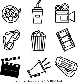 iconos vectoriales en blanco y negro para cines