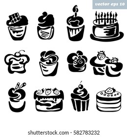 vector black and white icons of dessert, birthday and fruit cupcakes, cakes. illustration for your design, logo, print, invitation, poster.