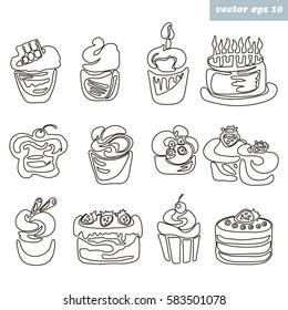 vector black and white icons of dessert, birthday and fruit cupcakes, cakes. illustration for your design, logo, print, invitation, poster