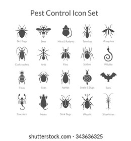 Vector black and white icons of different insects like scorpions, stink bugs, bed bugs, weevils and termites for pest control companies. Included some animals like bats, moles, mice and snakes.