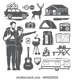 Vector black and white icons on the theme of Climbing, Trekking, Hiking, Walking. Sports, Camping, outdoor recreation, adventures in nature, vacation. Camping icons set.