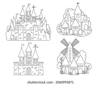 Vector black and white icons set with Medieval castles and villages. Magic kingdom line collection. Medieval stone palace with towers, flags, gates. Fairy tale town illustration or coloring page
