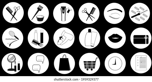 Vector black and white icons for social networks with hairdressing tools, gift card, package and shopping cart. Social media elements for design