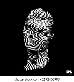 Vector black and white illustration from 3D rendering of female classical head sculpture in wavy deformed line halftone style isolated on black background.