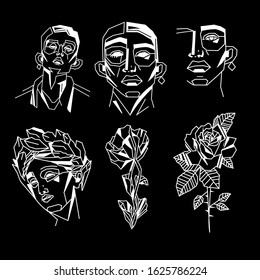 Vector black and white Illustration of abstract face, rose, flower, greek sculpture.
Modern minimalism art style.