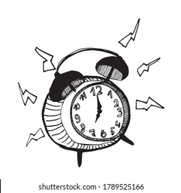 Vector black and white illustration of alarm clock is ringing. Element of school doodles collection