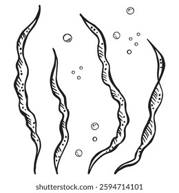 Vector black and white vector illustration of algae thickets with air bubbles