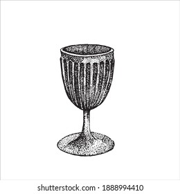 Vector black and white illustration of an ancient wine glass. Picture.