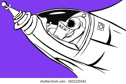 Vector black and white illustration. Astronaut sitting in rocket and  reading a newspaper