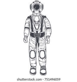 Vector black and white illustration of an astronaut, cosmonaut in a space suit and helmet, in the style of an engraving, isolated on a white background. Print, template, design element