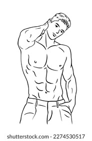 Vector black and white illustration with athletic young athletic man in jeans bare chested. subject as a bodybuilder