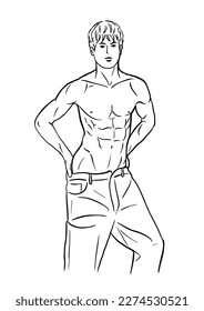 Vector black and white illustration with athletic young athletic man in jeans bare chested. subject as a bodybuilder