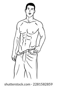 Vector black and white illustration with athletic young athletic man in jeans bare chested. subject as a bodybuilder