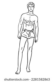 Ilustración vectorial en blanco y negro con atlético joven atlético en jeans desnudos. sujeto como culturista