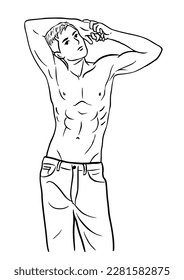 Vector black and white illustration with athletic young athletic man in jeans bare chested. subject as a bodybuilder