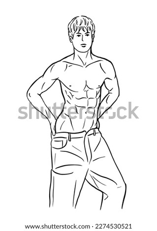 Vector black and white illustration with athletic young athletic man in jeans bare chested. subject as a bodybuilder