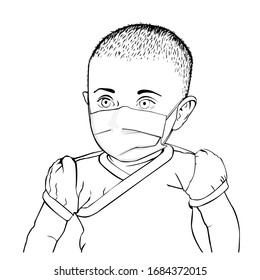 Vector black and white illustration of baby in t-shirt with medical mask on face. Sketch linear, hand drawn style with a black outline. Icon for banners, posters, web design. Pandemic theme.