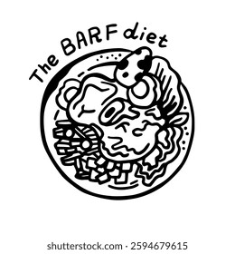 Vector black and white illustration of balanced food, for animals, with bones and raw meat in a plate on a white isolated background