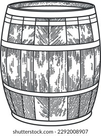 Vector black and white illustration of a barrel on a transparent background. Vintage style