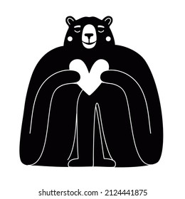 Vector black white illustration with bear holding heart. Cute and trendy apparel print design, home decoration poster