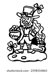 Vector black and white illustration of a bearded leprechaun with a cup of gold coins on a white isolated background