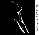 Vector black and white illustration of beautiful female face and body formed by shadow. Woman sensually touching her neck and chest with hand. Female ecstasy, sensuality, pleasure, satisfaction.