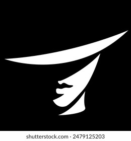 vector black and white illustration of a beautiful female face under a hat formed by a shadow. an elegant lady in a wide-brimmed hat, femme fatale. useful for advertising women's products, logo, print