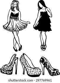 Vector black and white illustration of beautiful girls and dress shoes