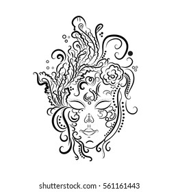 Vector black and white illustration of a beautiful woman's face