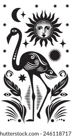 Ilustración en blanco y negro de Vector de flamenco de ave con Elementos sobre el tema de la mitología	
