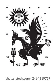 Vector black and white illustration, Bird, rooster, Folk Art, linocut style.  