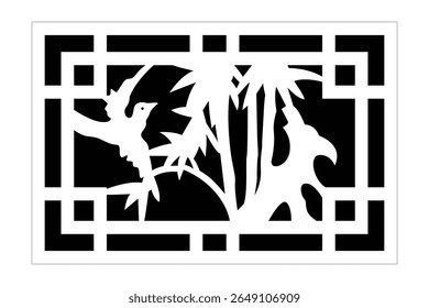 Vector Black And White Illustration Of A Bird And Plant Design In A Square Frame