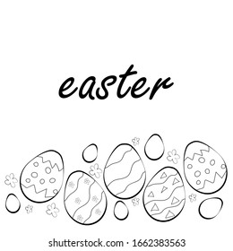 vector black and white illustration border with easter eggs and wreaths, background for covers, posters, easter cards,  ribbon, scotch tape