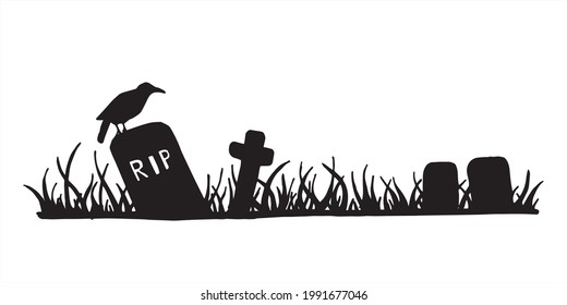 vector black and white illustration. border, banner. landscape of a cemetery, old graves, monuments. background for halloween, silhouette, outline. fabulous, cartoon drawing