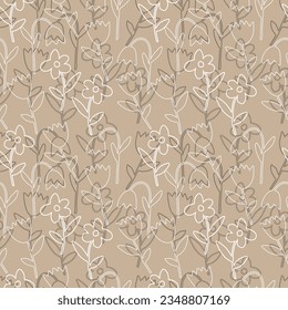 Vector black and white illustration of bouquet bell and tulip flowers with leaves isolated on a beige background. Seamless pattern