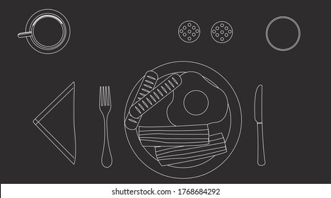 Vector Black and White Illustration of Breakfast, with fried egg, sausages, bacon, salt, pepper, orange juice, coffee, fork, knife and a plate