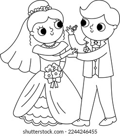 Vector black and white illustration with bride and groom exchanging rings. Cute just married couple. Wedding ceremony line icon. Cartoon marriage coloring page with newly married couple
