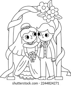 Vector black and white illustration with bride and groom. Cute just married couple. Wedding ceremony line icon. Cartoon marriage coloring page with husband and wife standing under the arch
